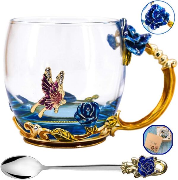 Luka Tech Enamels Butterfly flower Lead-free Glass Coffee Mugs Tea Cup with Steel Spoon, personalised Gifts For Women Wife Mom Friends Birthday Mothers Valentines Day Wedding (Blue) - Image 6