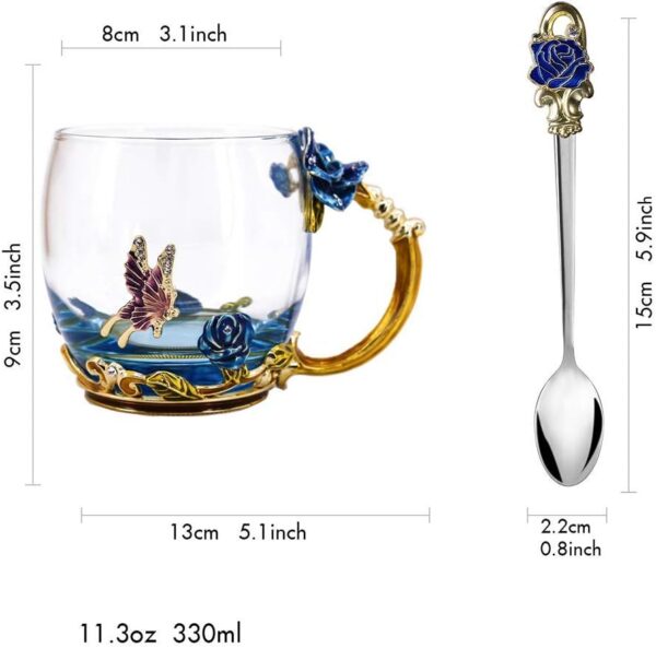 Luka Tech Enamels Butterfly flower Lead-free Glass Coffee Mugs Tea Cup with Steel Spoon, personalised Gifts For Women Wife Mom Friends Birthday Mothers Valentines Day Wedding (Blue) - Image 7