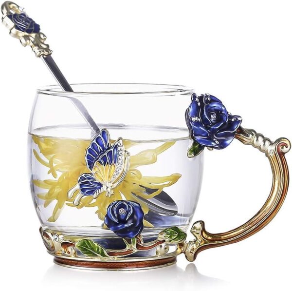 Luka Tech Enamels Butterfly flower Lead-free Glass Coffee Mugs Tea Cup with Steel Spoon, personalised Gifts For Women Wife Mom Friends Birthday Mothers Valentines Day Wedding (Blue) - Image 2