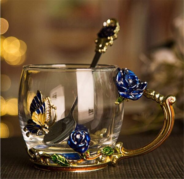 Luka Tech Enamels Butterfly flower Lead-free Glass Coffee Mugs Tea Cup with Steel Spoon, personalised Gifts For Women Wife Mom Friends Birthday Mothers Valentines Day Wedding (Blue) - Image 3