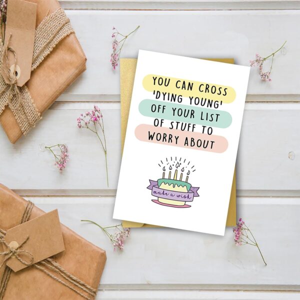 OJsensai Naughty Getting Older Birthday Card for Him Her, Funny Old Age Birthday Gift Ideas for Women Men, Happy Bday Card for Mom Dad, Cross off Dying Young - Image 4