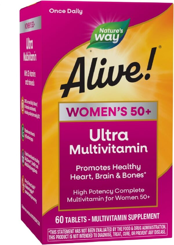 Nature’s Way Alive! Women’s 50+ Ultra Potency Complete Multivitamin, High Potency Formula, Promotes Healthy Heart, Brain, Bones*, Gluten-Free, 60 Tablets (Packaging May Vary) - Image 2