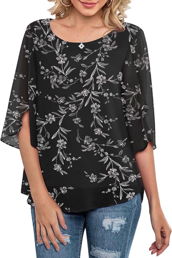 Neineiwu Womens Casual Scoop Neck Loose Top 3/4 Sleeve Chiffon Blouse Shirt Tops - Image 2