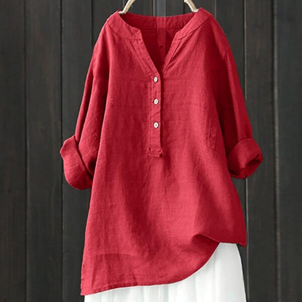 Linen Shirts for Women Short Sleeve Oversized Linen Blouses V-Neck Batwing Button Down T-Shirt Solid Color Loose Summer Tops - Image 3