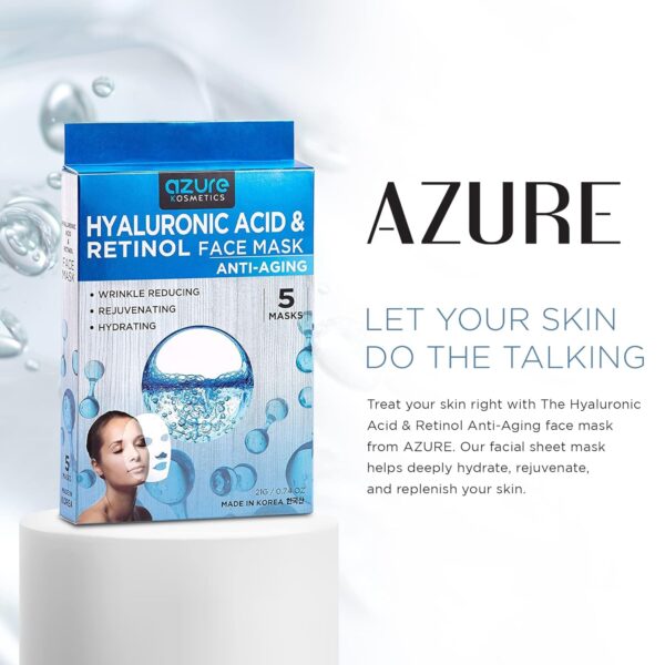 AZURE Hyaluronic Acid & Retinol Anti Aging Facial Mask - Dermatologist Tested - Rejuvenating & Hydrating Face Mask - Helps Reduce Fine Lines & Wrinkles, Smooths & Repairs - Korean Skin Care - 5 Pack - Image 4