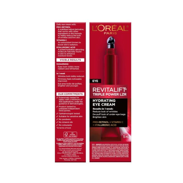 L'Oreal Paris Revitalift Triple Power Anti-Aging Eye Cream Treatment, with Pro Retinol, Hyaluronic Acid & Vitamin C to Reduce Wrinkles, De-puff and Brighten Skin, 0.5 fl. oz. - Image 8