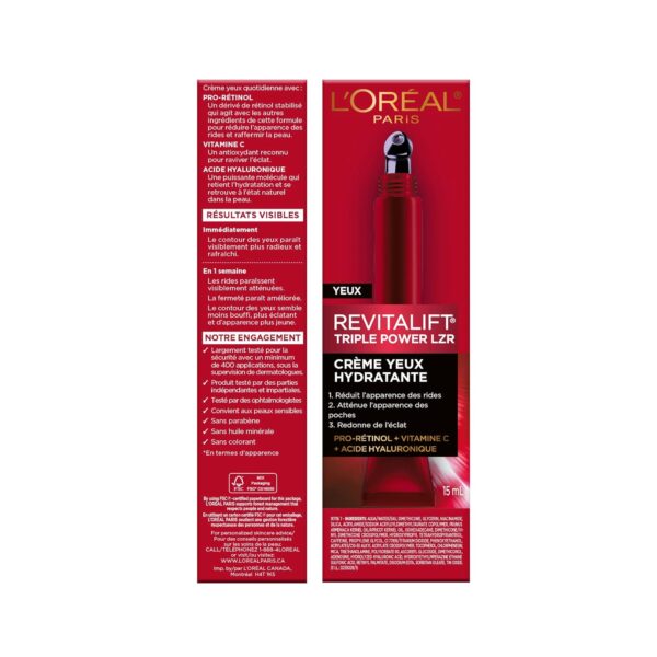 L'Oreal Paris Revitalift Triple Power Anti-Aging Eye Cream Treatment, with Pro Retinol, Hyaluronic Acid & Vitamin C to Reduce Wrinkles, De-puff and Brighten Skin, 0.5 fl. oz. - Image 9