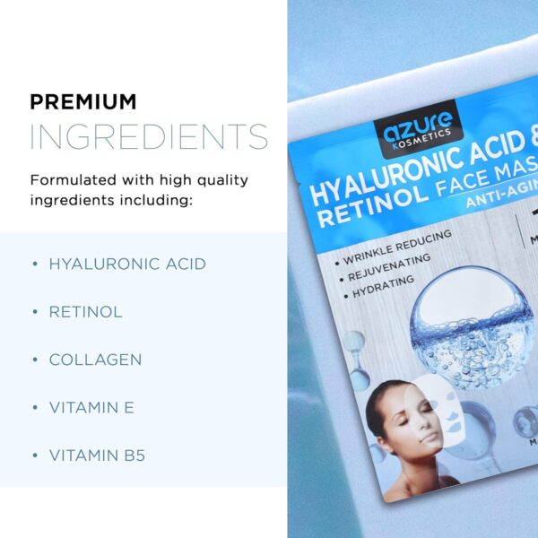 AZURE Hyaluronic Acid & Retinol Anti Aging Facial Mask - Dermatologist Tested - Rejuvenating & Hydrating Face Mask - Helps Reduce Fine Lines & Wrinkles, Smooths & Repairs - Korean Skin Care - 5 Pack - Image 3