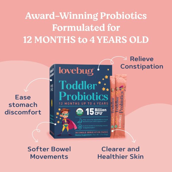 Lovebug Award Winning Probiotics | Constipation & Stomach Discomfort | Softer Bowel Movements | Easy-to-Take Powder | Ages 12 Months to 4 Years | 30 Packets - Image 3