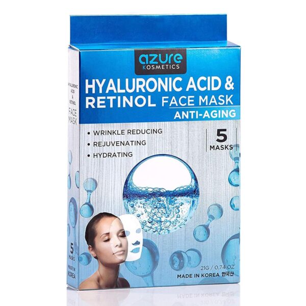 AZURE Hyaluronic Acid & Retinol Anti Aging Facial Mask - Dermatologist Tested - Rejuvenating & Hydrating Face Mask - Helps Reduce Fine Lines & Wrinkles, Smooths & Repairs - Korean Skin Care - 5 Pack - Image 2