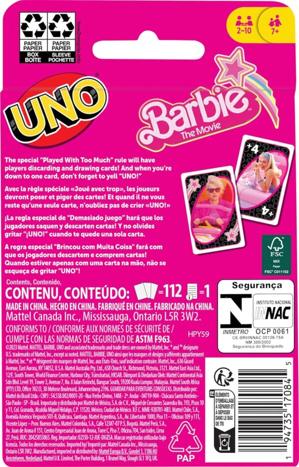 Mattel Games UNO Barbie The Movie Card Game for Kids & Adults Featuring Characters from The Movie & Special Rule, 2 to 10 Players - Image 7