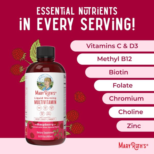 MaryRuth's Multivitamin for Women | Men & Kids | Vegan Liquid Vitamins & Minerals | Adults & Kids Multivitamins | Beauty & Energy Booster | Raspberry | No Added Sugar | 15.22 Fl Oz - Image 8