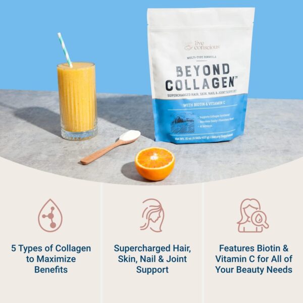 Live Conscious Beyond Collagen Multi Collagen Powder for Women w/Types I, II, III, V & X - Keto Friendly, Hydrolyzed Collagen Peptides Powder Blend w/Biotin & Vitamin C 41 Servings - Image 6