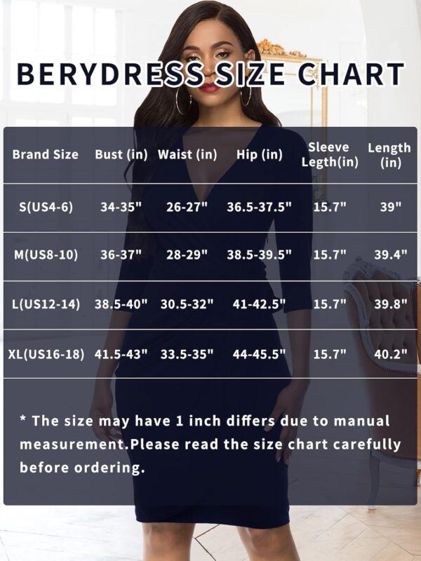 Berydress Women's Classic 3/4 Sleeve V Neck Sheath Casual Party Work Faux Black Wrap Dress - Image 6