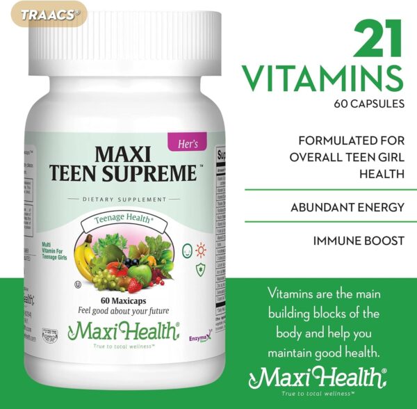 Maxi Health Teen Supreme Hers Vitamins for Teen Girls (120) - Women's Multivitamin for Energy, Immune Boost, Body & Brain Growth - Womens Multi Vitamins Including D3, Iron, Calcium, Digestive Enzyme - Image 7