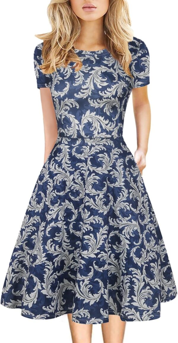 Women's Elegant Vintage Summer Casual Floral Print Work Party Swing A-Line Dress with Pockets H162 - Image 2