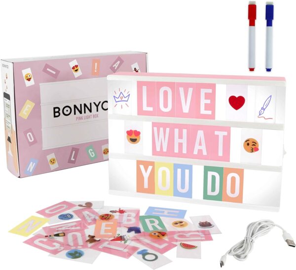 Pink Cinema Light Box with 400 Letters & Emojis & 2 Markers - BONNYCO | Led Light Box Home Office & Room Decor | Light Up Sign Letters Board Gifts for Women & Girls Christmas & Birthdays | Pink Decor - Image 2