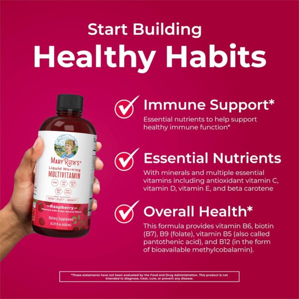 MaryRuth's Multivitamin for Women | Men & Kids | Vegan Liquid Vitamins & Minerals | Adults & Kids Multivitamins | Beauty & Energy Booster | Raspberry | No Added Sugar | 15.22 Fl Oz - Image 3