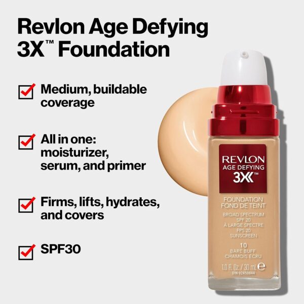 Revlon Liquid Foundation, Age Defying 3XFace Makeup, Anti-Aging and Firming Formula, SPF 30, Longwear Medium Buildable Coverage with Natural Finish, 035 Natural Beige, 1 Fl Oz - Image 3