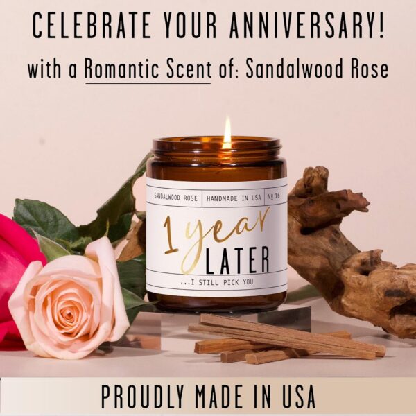 1 Year Anniversary Gifts for Girlfriend or Wife - '1 Year Later' Candle, w/Sandalwood Rose - infused w/Essential Oils I 1st Anniversary Gift I One Year Anniversary Gifts for Her I 50Hr Burn, USA Made - Image 4