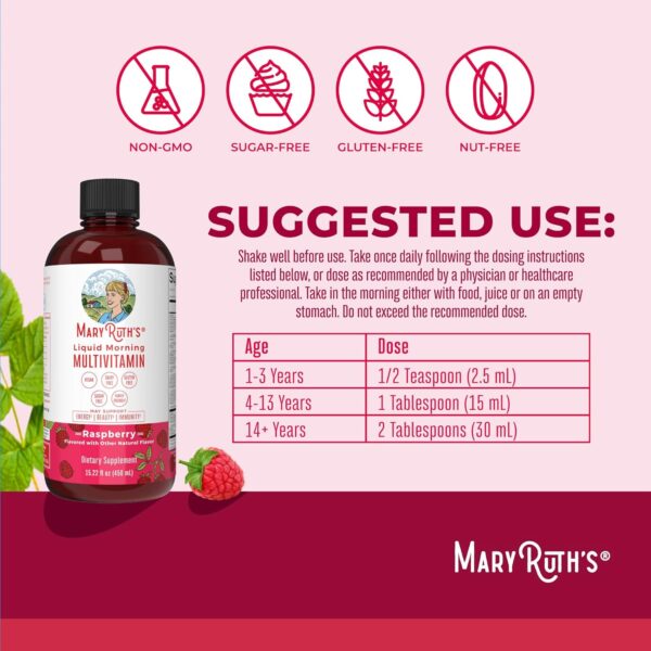 MaryRuth's Multivitamin for Women | Men & Kids | Vegan Liquid Vitamins & Minerals | Adults & Kids Multivitamins | Beauty & Energy Booster | Raspberry | No Added Sugar | 15.22 Fl Oz - Image 7