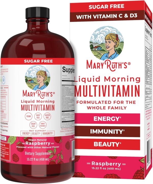 MaryRuth's Multivitamin for Women | Men & Kids | Vegan Liquid Vitamins & Minerals | Adults & Kids Multivitamins | Beauty & Energy Booster | Raspberry | No Added Sugar | 15.22 Fl Oz - Image 2