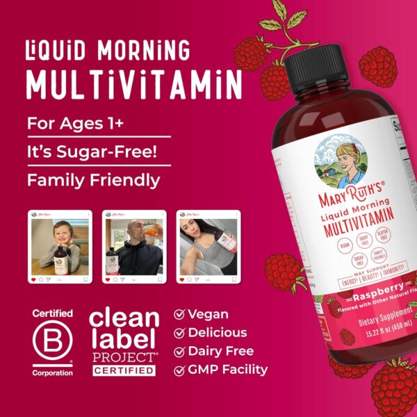 MaryRuth's Multivitamin for Women | Men & Kids | Vegan Liquid Vitamins & Minerals | Adults & Kids Multivitamins | Beauty & Energy Booster | Raspberry | No Added Sugar | 15.22 Fl Oz - Image 5