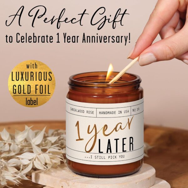 1 Year Anniversary Gifts for Girlfriend or Wife - '1 Year Later' Candle, w/Sandalwood Rose - infused w/Essential Oils I 1st Anniversary Gift I One Year Anniversary Gifts for Her I 50Hr Burn, USA Made - Image 3