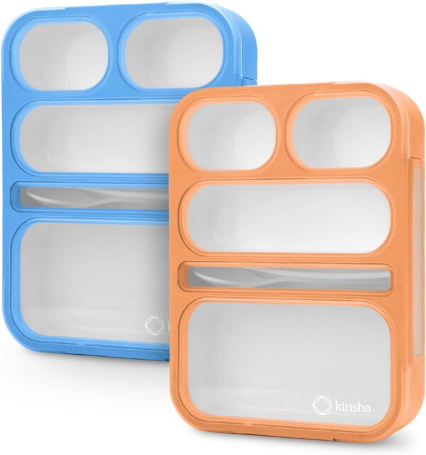 kinsho Bento-Box for Adults or Kids, Lunch-Boxes Portion Control Container for Women Men Girls Boys | Leakproof Snack Containers for School BPA Free Utensils 5 Compartments | Blue, Orange - Image 2