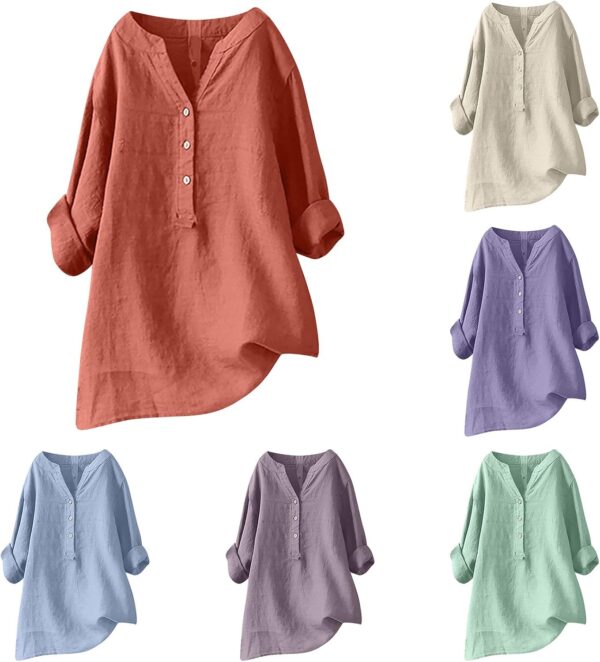 Women's Plus Size Cotton Linen Dress Tops Button Up Shirts dress Casual Fall Blouse to Wear with Leggings - Image 2