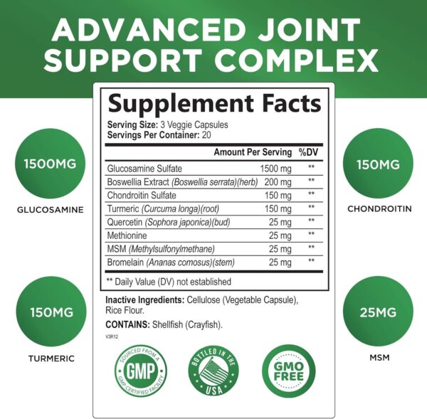 Glucosamine Chondroitin MSM Complex - Joint Support Supplement Turmeric & Boswellia, Triple Strength Glucosamine Capsules - Support for Joint Health & Mobility with Quercetin Bromelain - 60 Capsules - Image 3