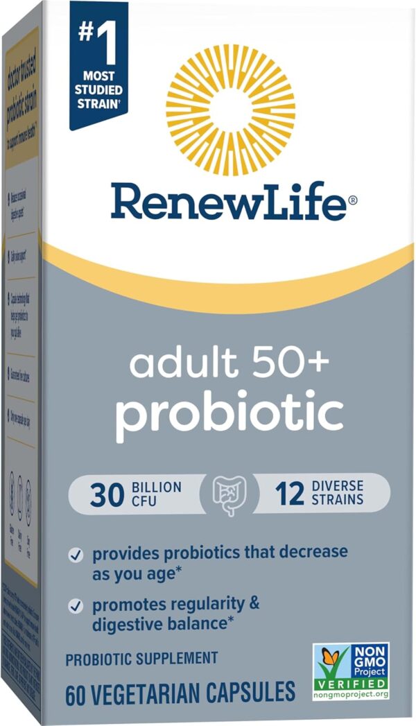 Renew Life Probiotic Adult 50 Plus Probiotic Capsules, Daily Supplement Supports Urinary, Digestive and Immune Health, L. Rhamnosus GG, Dairy, Soy and gluten-free, 30 Billion CFU, 60 Count - Image 4