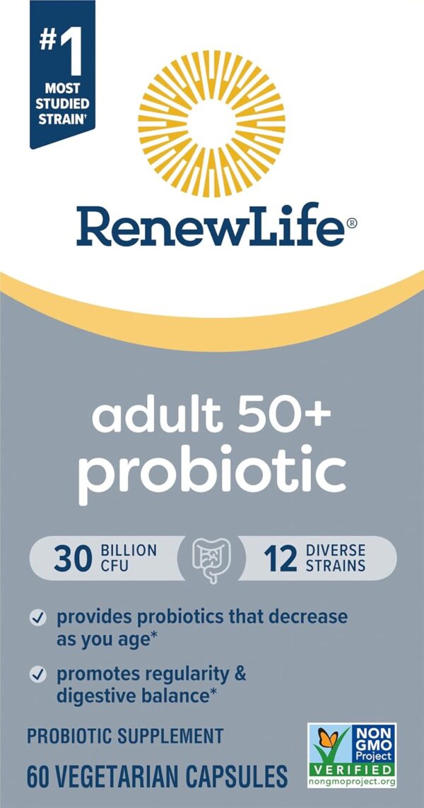 Renew Life Probiotic Adult 50 Plus Probiotic Capsules, Daily Supplement Supports Urinary, Digestive and Immune Health, L. Rhamnosus GG, Dairy, Soy and gluten-free, 30 Billion CFU, 60 Count - Image 6