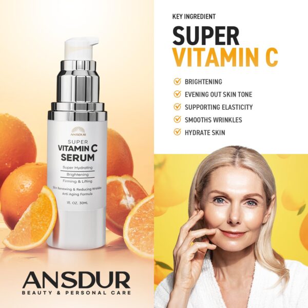 ANSDUR Super Vitamin C Serum for Women Over 70: Vitamin C Face Serum, Niacinamide, Bakuchiol, Hyaluronic Acid, Hydrating, Lifting, Reduces Aging Spots and Wrinkles - Korean Skin Care, 1 fl oz - Image 4