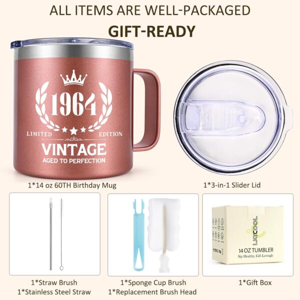 60th Birthday Gifts for Women, Vintage 1964 Birthday Gift Ideas for 60 Year Old Woman, Vintage 1964 Insulated Mug 14oz, 1964 Birthday Gifts for Mom, Wife, Friends(Rose Gold) - Image 5