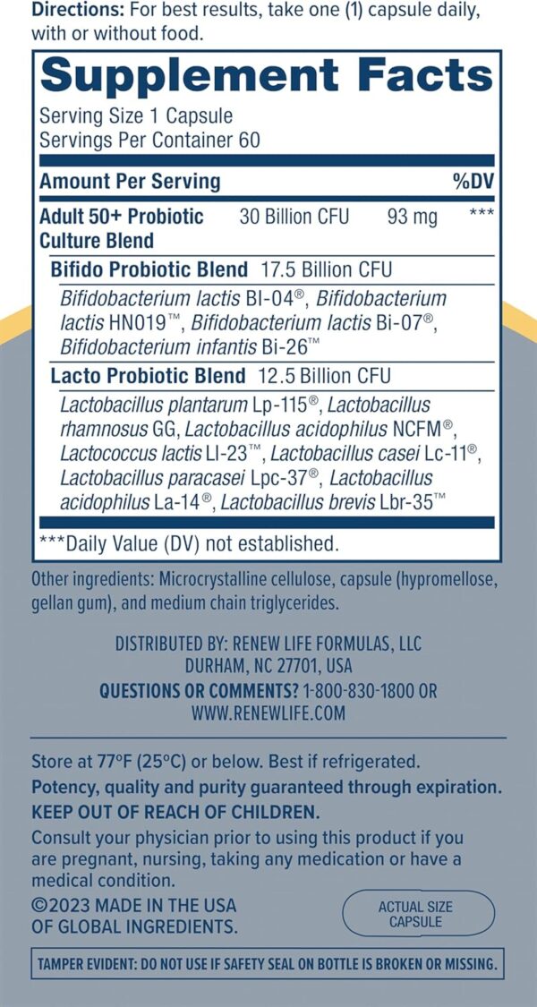 Renew Life Probiotic Adult 50 Plus Probiotic Capsules, Daily Supplement Supports Urinary, Digestive and Immune Health, L. Rhamnosus GG, Dairy, Soy and gluten-free, 30 Billion CFU, 60 Count - Image 9