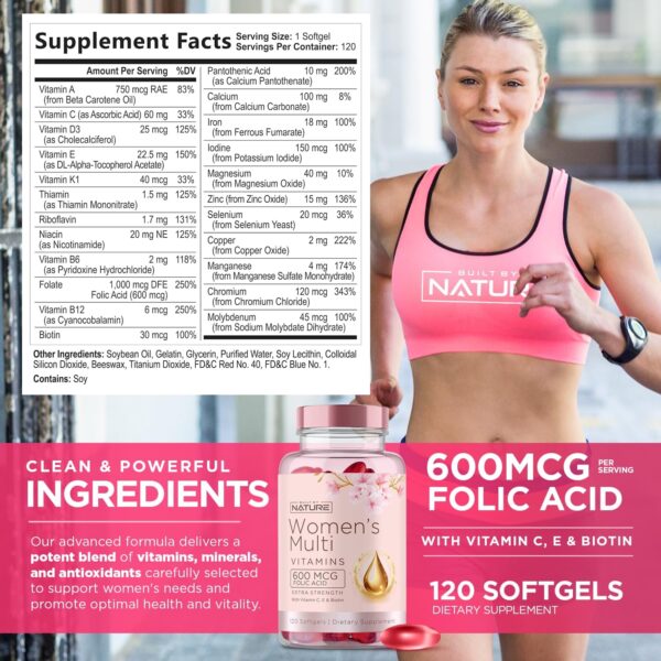 Built by Nature Vitamins for Women – Women's Complete Daily Multivitamin Supplement with A, B, C, D, E, Iron, Calcium, Magnesium and Multi Minerals – Wellness & Immune Health Support - 120 Softgels - Image 3