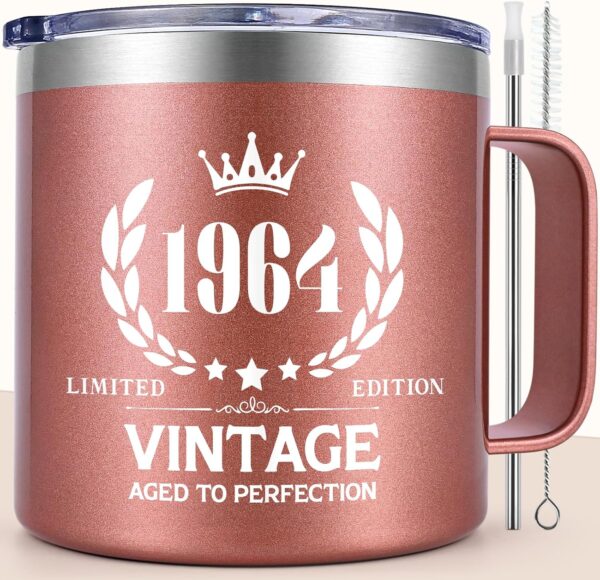 60th Birthday Gifts for Women, Vintage 1964 Birthday Gift Ideas for 60 Year Old Woman, Vintage 1964 Insulated Mug 14oz, 1964 Birthday Gifts for Mom, Wife, Friends(Rose Gold) - Image 2