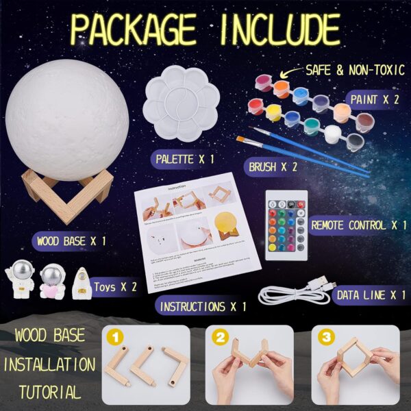 Minleway 16 Colors Rechargeable Paint Your Own Moon Lamp Kit, DIY Night Light Arts & Crafts Kit Gift for Kids, Women,Teen Girls Boy Birthday Ages 5 6 7 8 9 10 11 12 Christmas Gifts Home Décor - Image 4