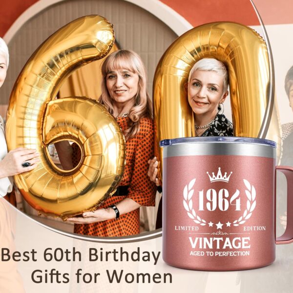 60th Birthday Gifts for Women, Vintage 1964 Birthday Gift Ideas for 60 Year Old Woman, Vintage 1964 Insulated Mug 14oz, 1964 Birthday Gifts for Mom, Wife, Friends(Rose Gold) - Image 7