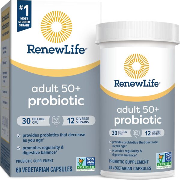 Renew Life Probiotic Adult 50 Plus Probiotic Capsules, Daily Supplement Supports Urinary, Digestive and Immune Health, L. Rhamnosus GG, Dairy, Soy and gluten-free, 30 Billion CFU, 60 Count - Image 2