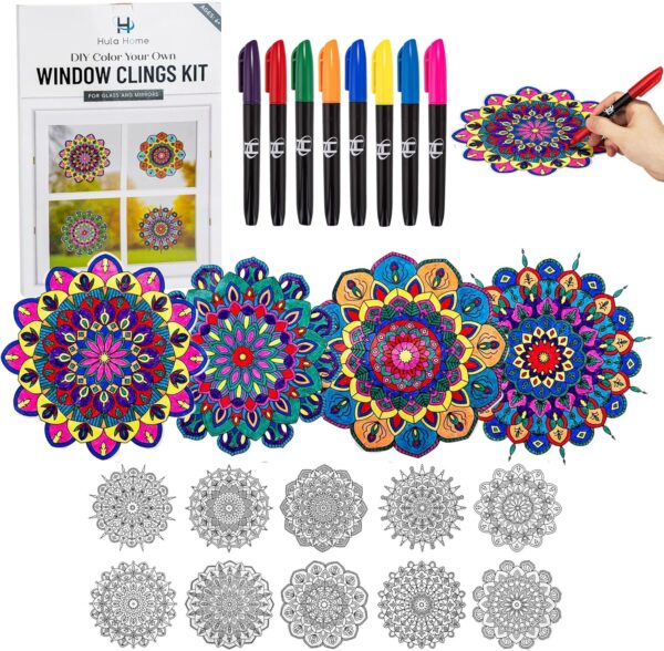 Hula Home Stained Glass Mandala Art Kit - DIY Window Clings with Markers, 10 Suncatchers - Perfect Hobby for Adults, Kids, Teens & Seniors - Ideal Gift for Beginners, Women & Elderly - Image 2