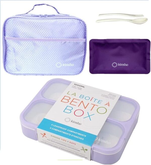 kinsho Bento-Box with Lunch Bag and Ice Pack Set. Containers for Kids Girls Adults Snacks and Lunches. 4 Compartments, Leakproof Portion Container Boxes Insulated Bags for School, Purple - Image 2