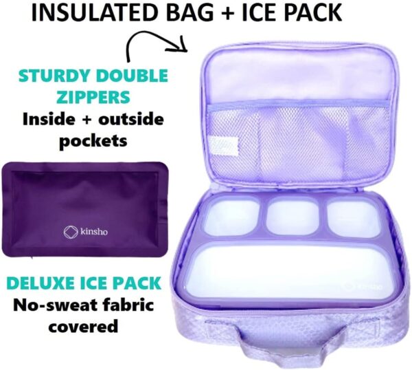 kinsho Bento-Box with Lunch Bag and Ice Pack Set. Containers for Kids Girls Adults Snacks and Lunches. 4 Compartments, Leakproof Portion Container Boxes Insulated Bags for School, Purple - Image 4