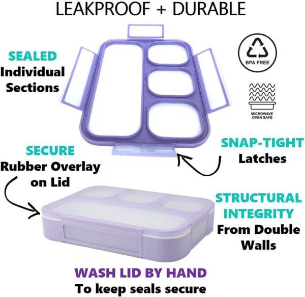 kinsho Bento-Box with Lunch Bag and Ice Pack Set. Containers for Kids Girls Adults Snacks and Lunches. 4 Compartments, Leakproof Portion Container Boxes Insulated Bags for School, Purple - Image 7