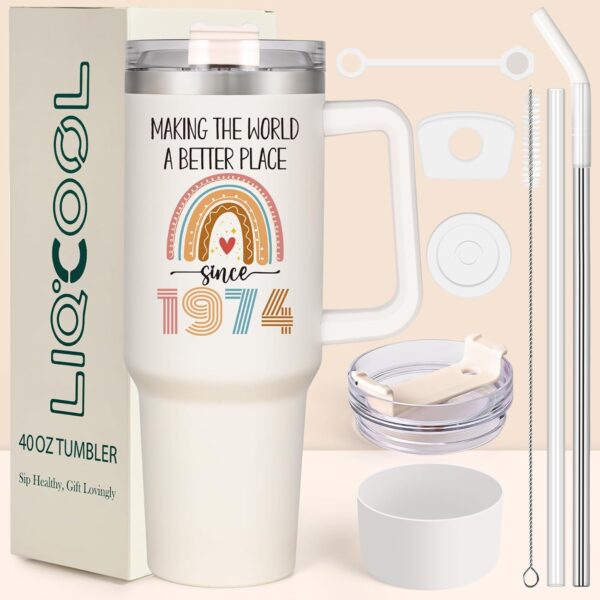 LiqCool 50th Birthday Gifts for Her Women 40 oz Tumbler with Handle and Straw, Unique Since 1974 Birthday Gifts for 50 Year Old Women, Happy 50th Birthday Gift Ideas for Friends Family (Cream) - Image 2