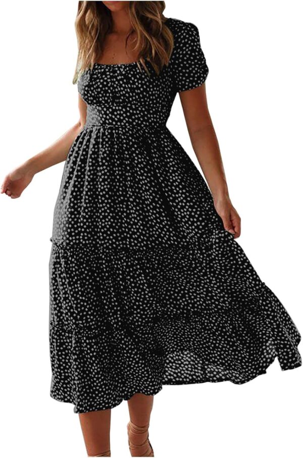 Women Boho Maxi Dresses Crew-Neck Short Sleeve Empire Waist Summer Dress Smocked Floral Flowy Tiered Long Dress 2024 - Image 2