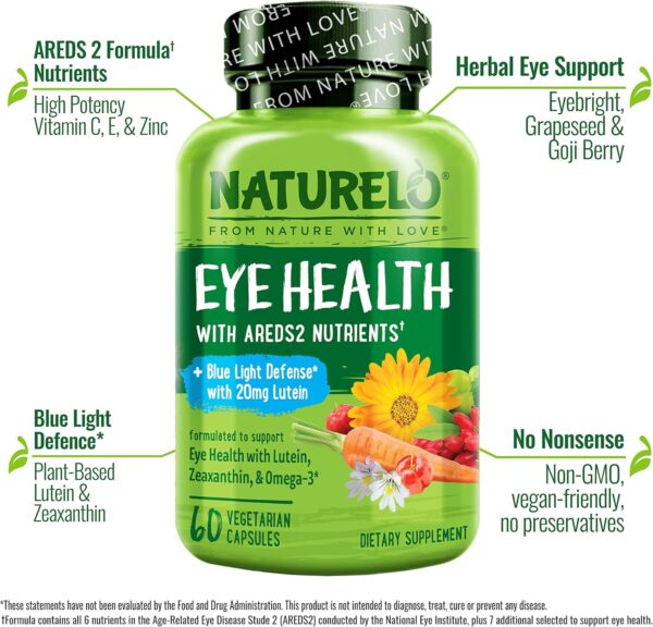 NATURELO Eye Vitamins - AREDS 2 Formula Nutrients with Lutein, Zeaxanthin, Vitamin C, E, Zinc, Plus DHA - Supplement for Dry Eyes, Healthy Vision, Eye Support - 60 Vegan Capsules - Image 5