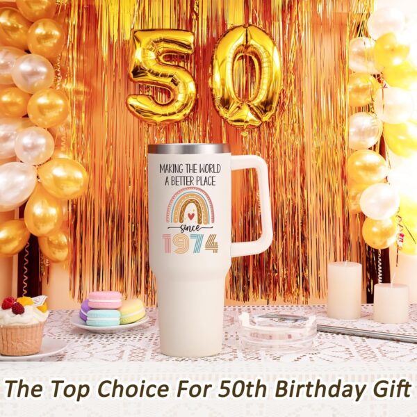 LiqCool 50th Birthday Gifts for Her Women 40 oz Tumbler with Handle and Straw, Unique Since 1974 Birthday Gifts for 50 Year Old Women, Happy 50th Birthday Gift Ideas for Friends Family (Cream) - Image 3