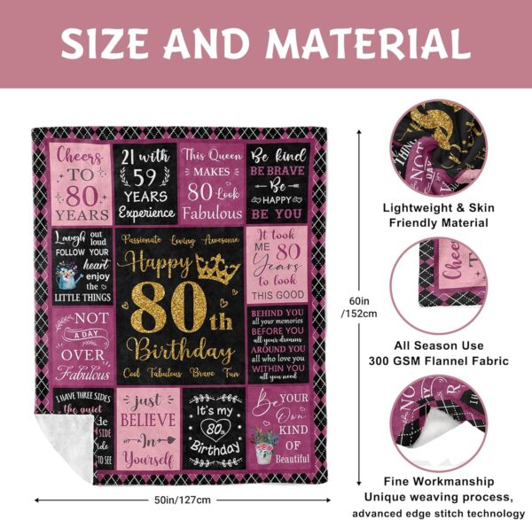 80th Birthday Gifts for Women, 80 Year Old Birthday Gifts for Women, 80th Birthday Gifts Ideas, Best Gifts for 80 Year Old Woman, 80th Birthday Decorations for Women, 80th Birthday Blanket 50" X 60" - Image 7